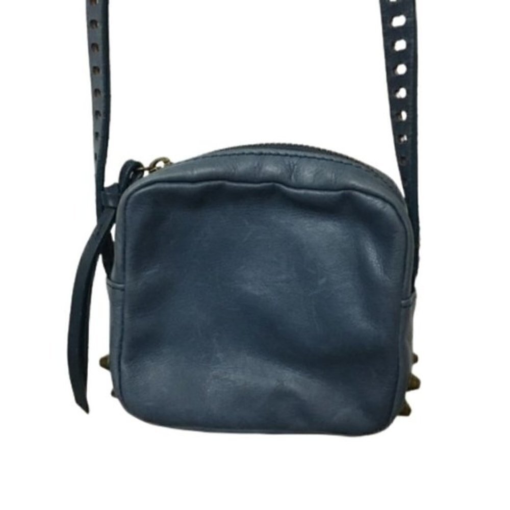 Barneys New York Blue Leather Studded Camera Bag Crossbody